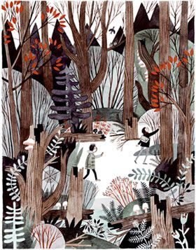 Wildwood illustration: Two children walking through a dense, colorful forest