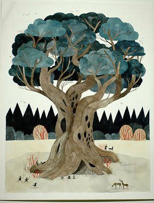 Wildwood illustration: A huge old tree with a blue-green canopy, tiny figures and a deer at its roots