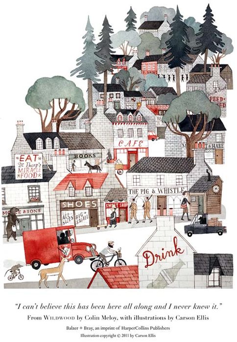 Wildwood illustration: A busy illustrated town of shops, trees and townsfolk on a hill