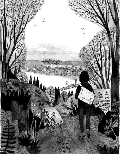 Wildwood illustration: A girl on a wooded hill looking out over a distant city