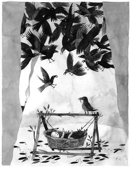 Wildwood illustration: A flock of crows lifting a baby's cradle into the air