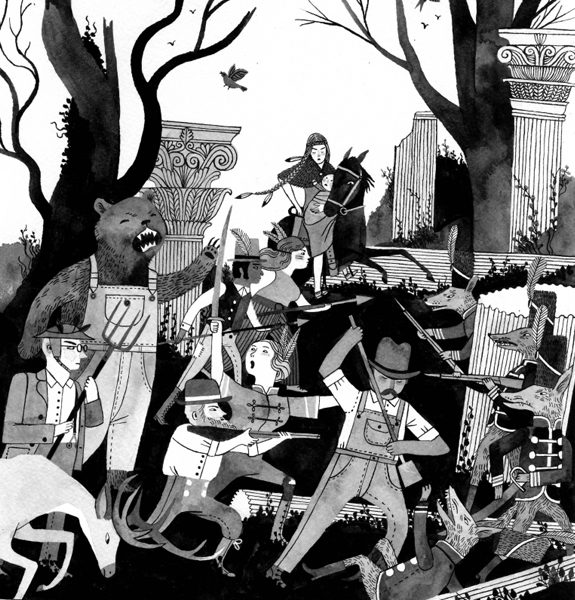 Wildwood illustration: A crowded battle in the woods with soldiers, a bear and a coyote